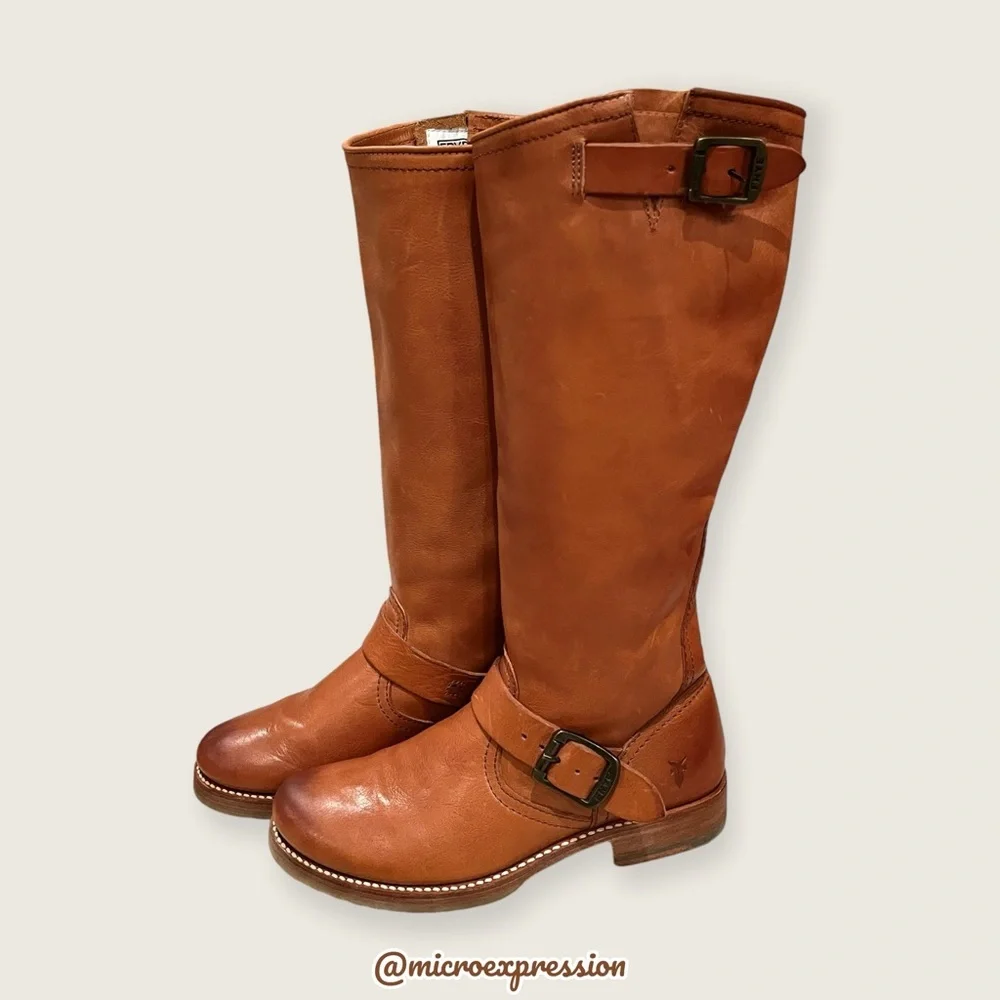 $399 Frye Veronica Slouch Cognac Brown Tan Leather Engineer Moto Tall BuckleBoot